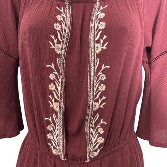 Maroon Love Fire Boho Romper With Embroidered Floral Design & Bell Sleeves - Picture 3 of 12